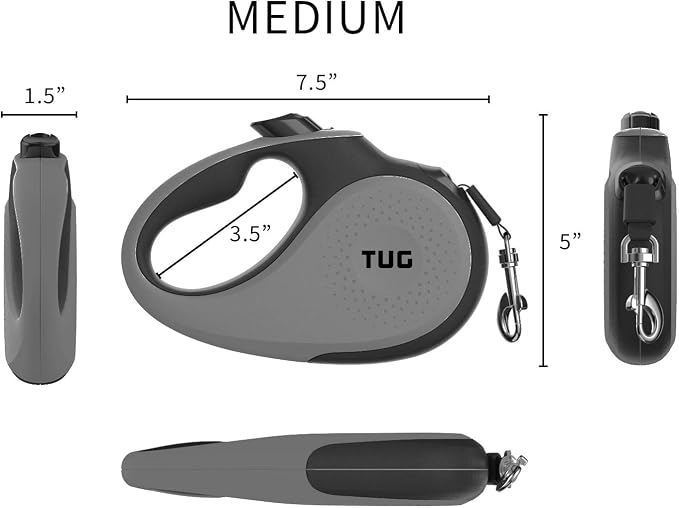 TUG 360° Tangle-Free Retractable Dog Leash with Anti-Slip Handle | 16 ft Strong Nylon Tape| One-Handed Brake, Pause, Lock (Medium, Grey)