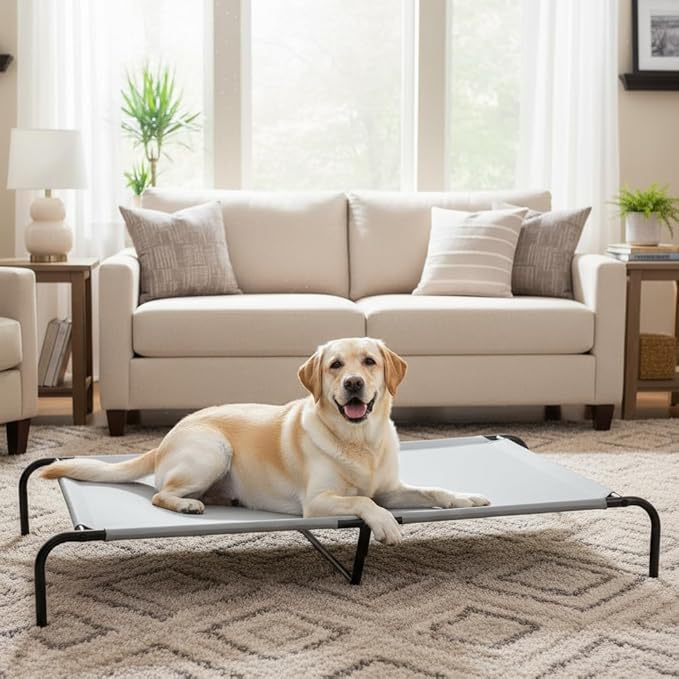 Amazon Basics Cooling Breathable Elevated Pet Bed with Metal Frame for Large Dogs, X-Large (60.1 x 37.1 x 8.9 Inches), Grey, 1 Count