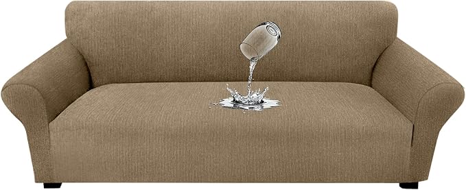 Waterproof Couch Cover, Stretch Non-Slip Sofa Slipcover with Elastic Bottom that Stays in Place - Leakproof Furniture Protector for Kids and Pets - Washable (Sofa, Brown)