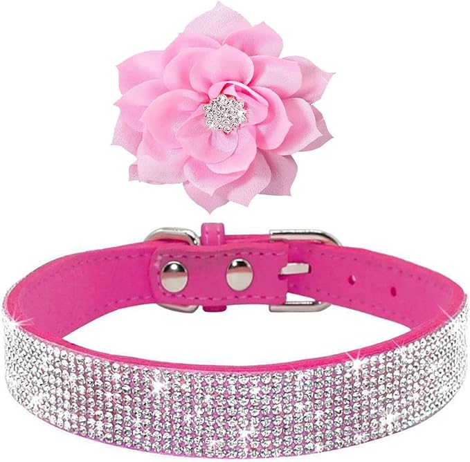 Rhinestone Dog Collar, Cute Dazzling Sparkling Soft Suede Leather Dog Cat Rhinestone Collar Crystal Diamond Pet Dog Puppy Collar (Hot Pink5, S)