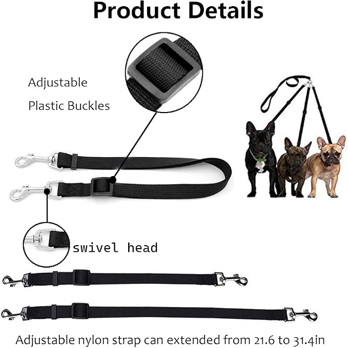 ASOCEA 3 Dog Leash - 3 in 1 Multiple Dog Leash with Detachable Swivel, Soft Padded Handle for Walking and Training Two or Three Dogs (Black)