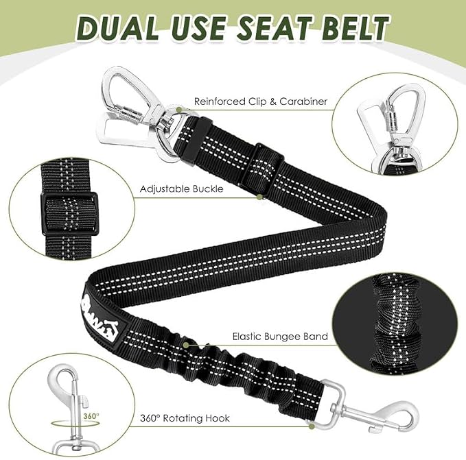 SlowTon Dog Seat Belt Harness for Car, Dog Car Harness Adjustable Mesh Breathable & Dog Seatbelt Safety Tether with Elastic Bungee for Small Medium Large Pets(Green, Double Clip, S)