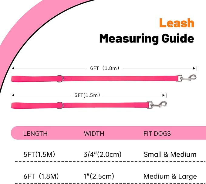 Waterproof Dog Leash, 5/6 FT Durable Odor-Proof Dog Leashes with Strong Metal Hooks Fits Small Medium or Large Dogs (Pink, 5FT - 3/4 inch Width)