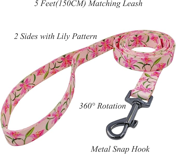 Dog Collar Leash Set, Floral Pattern, Polyester Material, Adjustable Collar and 5ft Matchcing Leash, for Puppy Dogs.(XS, Pink Lily)