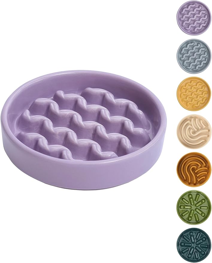 Ceramic Slow Feeder Dog Bowl, Maze Puzzle Non-Slip Silicone Base Stoneware Bowl for Small Medium Dogs, Heavy Duty Anti-Bloat Dog Food Bowl Dishwasher Safe – Purple, Medium