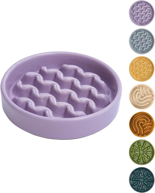 Ceramic Slow Feeder Dog Bowl, Maze Puzzle Non-Slip Silicone Base Stoneware Bowl for Small Medium Dogs, Heavy Duty Anti-Bloat Dog Food Bowl Dishwasher Safe – Purple, Medium