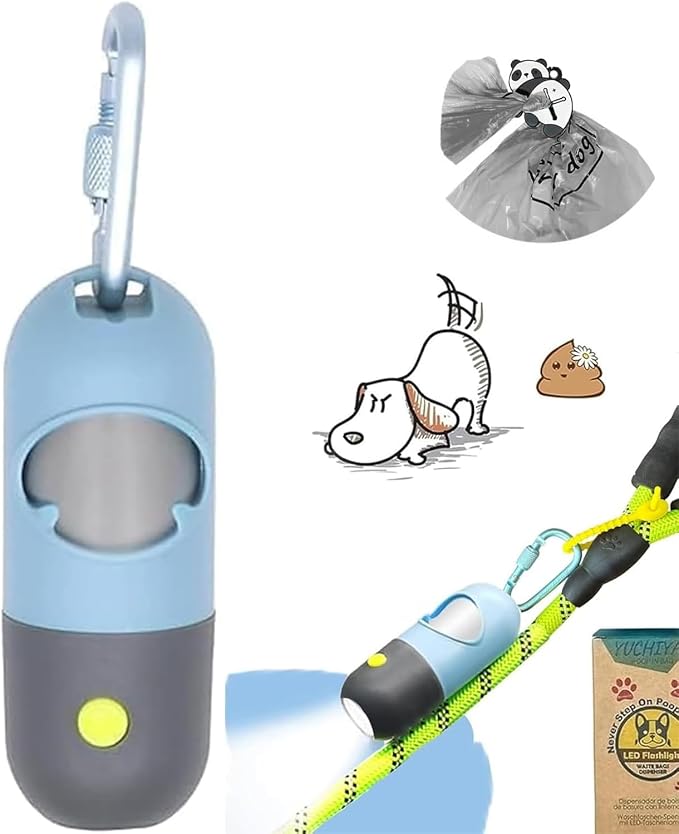 Dog Poop Bag Holder with LED Flashlight for Night Walks,Silicone Tether & Panda Pattern Clip for Used Bags, Hands-Free Metal Leash Carabiner, Includes 15 Scented Waste Bags (Blue)