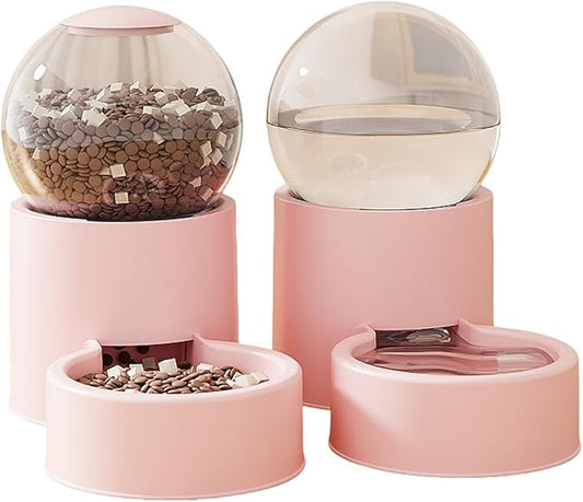 Automatic Pet Feeder and Water Dispenser Set with Pet Food Bowl,Gravity Dog Waterer and Food Feeder for Cats Dogs (Pink)