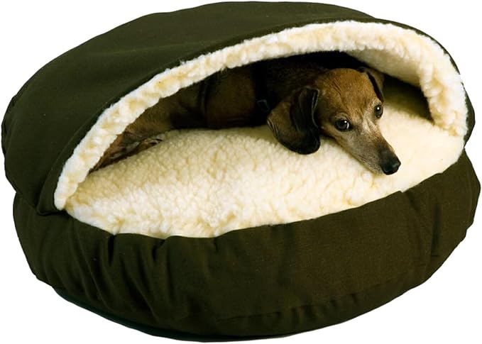Snoozer Cozy Cave Dog Bed - Indoor Dog Bed with Cover Cave, Covered Calming Burrow for Small Sized Pets with Blanket Attached, Enclosed, Removable Washable Cover - Small, Olive