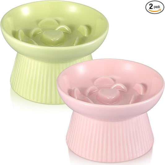 Layhit 2 Pack Raised Slow Feeder Cat Bowls Ceramic Elevated Cat Food Bowls Anti Vomiting Slow Feeder for Dog and Kitten for Dry and Wet Food(Green, Pink)