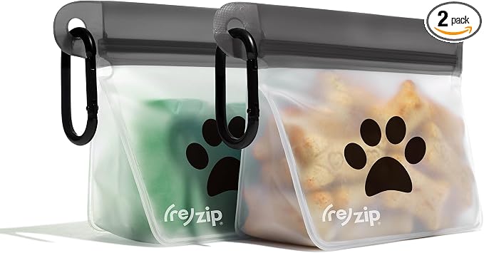(re) zip Pet On-The-Go Bags 2-pack | Lightweight, Compact, Carabiner Clip | Airtight Closure | Water-Resistant | Food-Safe PEVA | Holds Treats, Poop Bags | Travel-Friendly