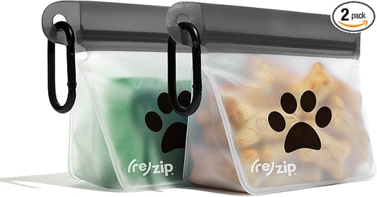 (re) zip Pet On-The-Go Bags 2-pack | Lightweight, Compact, Carabiner Clip | Airtight Closure | Water-Resistant | Food-Safe PEVA | Holds Treats, Poop Bags | Travel-Friendly