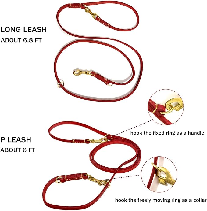 Multi Function 8ft Genuine Leather Hands Free Dog Training Leash for Puppy Small and Medium Dogs (8 Foot*3/8 inch, Red)