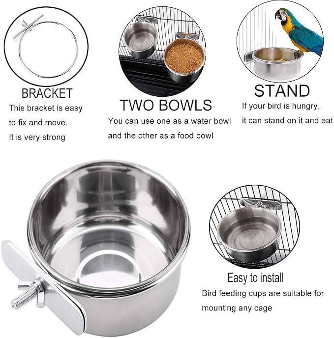 PINVNBY 2PCS Parrot Feeding Cups Birds Food Dish Stainless Steel Parrot Feeders Water Cage Bowls with Clamp Holder for Cockatiel Conure Parakeet Macaw Small Animal (Size: L)