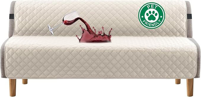 Turquoize 100% Waterproof Futon Cover Futon Slipcover Washable Armless Sofa Bed Slipcover Protector Seat Width Up to 70" with Adjustable Elastic Strap Anti-Slip for Dogs, Ivory