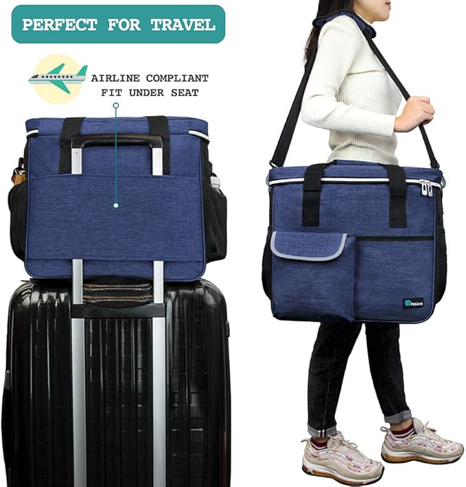 PetAmi Dog Travel Bag Organizer, Pet Travel Kit with 2 Food Containers & 2 Collapsible Dog Bowls, Pet Supplies Tote with Luggage Sleeve, Weekend Road Trip Camping Essentials, Navy Blue, Large