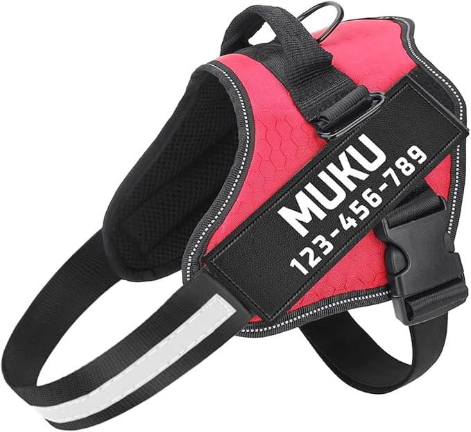 MUMUPET Custom Dog Harness Vest with 2 Personalized Name & Phone Patches, No Pull Reflective Adjustable with Handle, Soft Breathable Padding for Medium Dogs (Red, M)