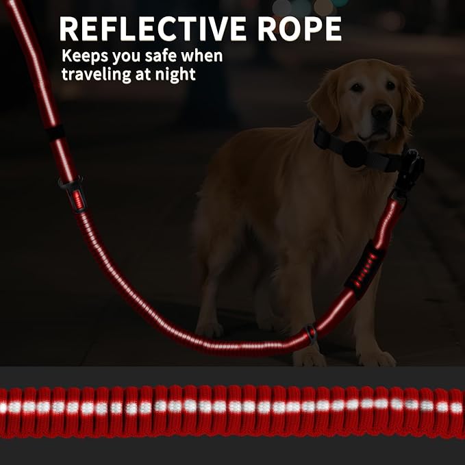 Heavy Duty Tactical Dog Leash, 4-6FT Shock Absorbing Bungee Lead with 2 Padded Handles, Metal Carabiner & Seatbelt Clip, Reflective No-Pull Leash for Medium/Large Dogs (Red)