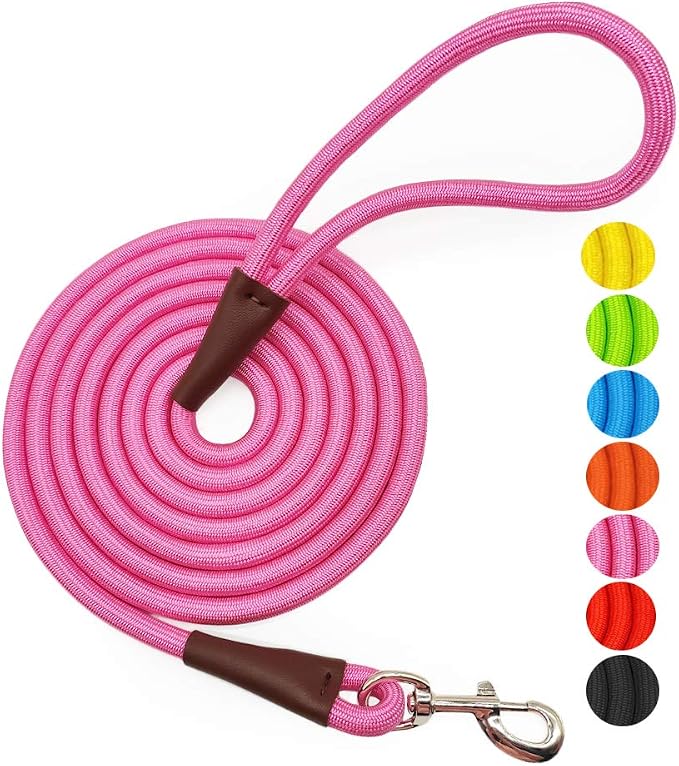 MayPaw 4/6 /8/10 FT Dog Leash, Classic Solid Colors, Strong Nylon Rope Dog Leash Reinforced with Leather Tailor Connection Heavy Duty Silver Clasp (Pink, 6ft*1/2")