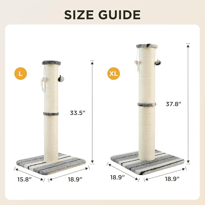 Joydeco Cat Scratching Post 38 Inches Heavy Duty and Thick Scratching Post Sisal Rope with Hanging Ball and Mice for Indoor Cats(Grey)