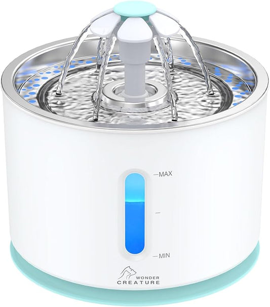 Wonder Creature Cat Water Fountain 2.4L/81oz for Multiple Cats, Stainless Steel Lid Automatic Pet Fountain with Ultra Quiet Pump, LED Light & Water Level Window