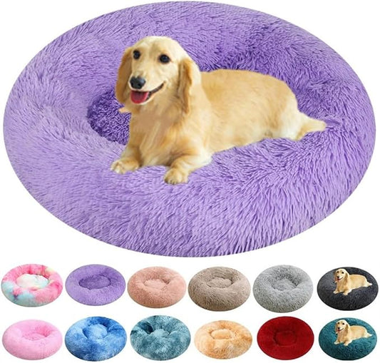 Dog Bed for Small Medium Large Dogs, 40 Inch Calming Dogs Bed, Anti-Anxiety Donut Cuddler Cat Bed with Anti-Slip Bottom, Fluffy Faux Fur Washable Pet Cushion for Dog & Cat, Purple