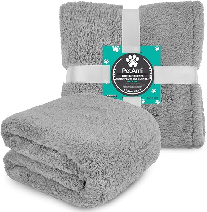 PetAmi Fluffy Waterproof Dog Blanket for Couch and Bed, Reversible Sherpa Pet Throw, Pee Proof Furniture Protector Sofa Cover, Washable Cat Blanket for Medium Large Dogs and Cats (Light Grey, 90x90)