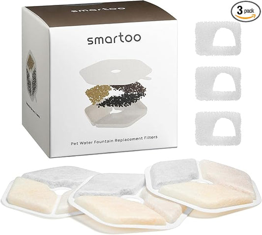 Smartoo 3 Packs Official Replacement Filters and 3 Packs Sponges for 152oz/4.5L Wireless Cat Water Fountain PTM-643