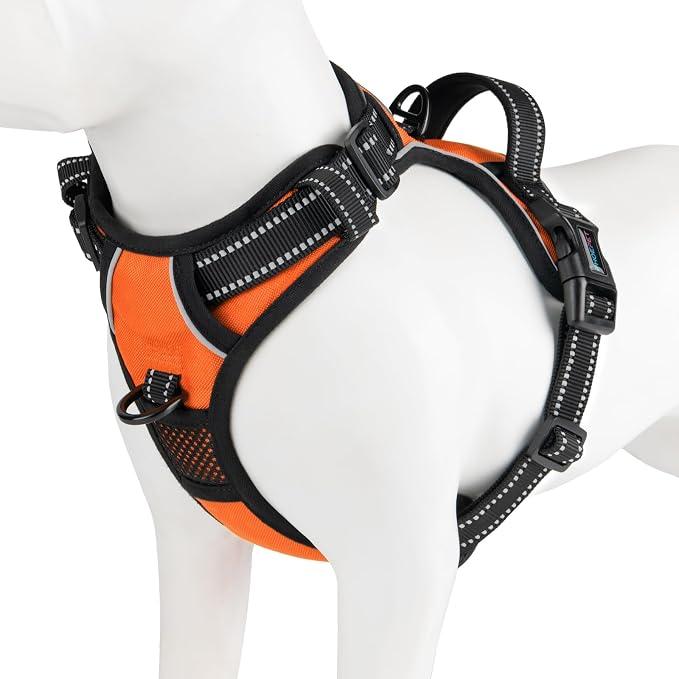 PHOEPET No Pull Dog Harnesses for Small Puppies Reflective Adjustable Front Clip Vest with 2 Metal Leash Attachment Hooks Soft Handle (S, Orange)