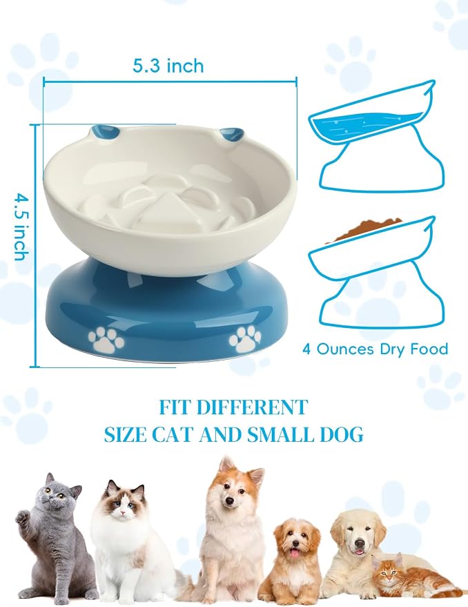 Y YHY Ceramic Slow Feeder Cat Bowl, Elevated Cat Bowl Tilted Design Slow Feeder for Dog and Cat for Dry and Wet Food, Blue
