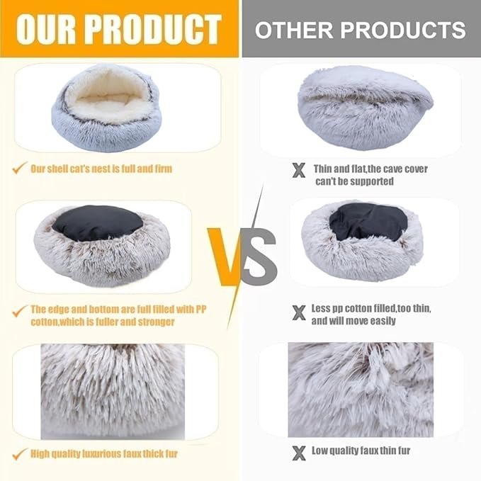 ZaneSun Calming Round Dog Beds &Cat Cave Bed with Hooded Cover,Plush Fluffy Dog Bed Anti-Anxiety Cat Cave Bed,Waterproof Bottom Washable (Coffee, 25.6X 25.6inch)
