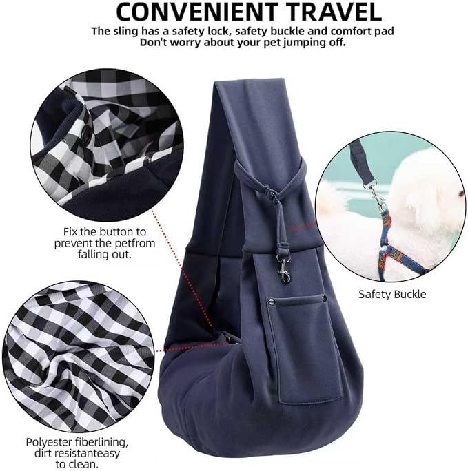 Dog Carrier Sling - Reversible Puppy Carrier Purse with Storage Pocket, Hand-Free Dog Sling Carrier for Carry Small Dogs and Cats, Travel Safety Harness, Dog and Cat Harness (Dark Blue)