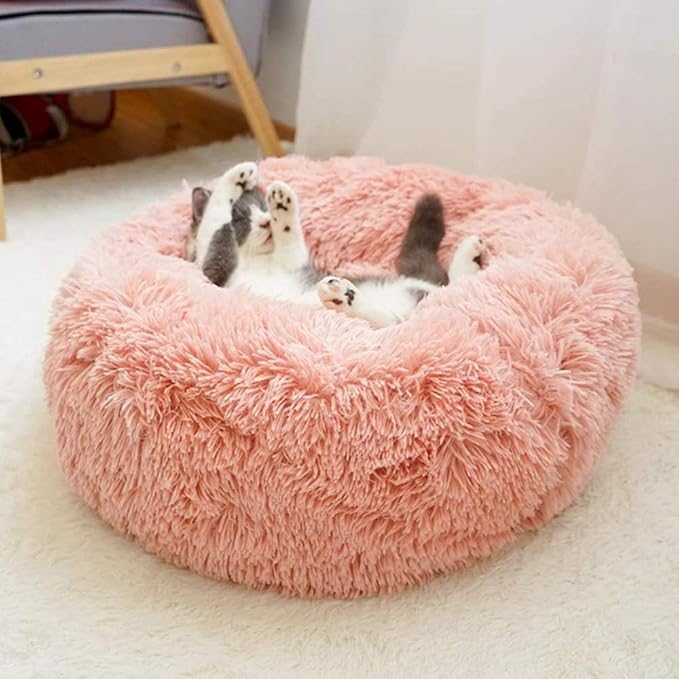 otoez Kitten Puppy Bed Extra Small XS Round Dog Cat Beds Anti Anxiety Plush Pet Calming Donut Bed with Non-Slip Waterproof Bottom, Washable (15.7", Pink)
