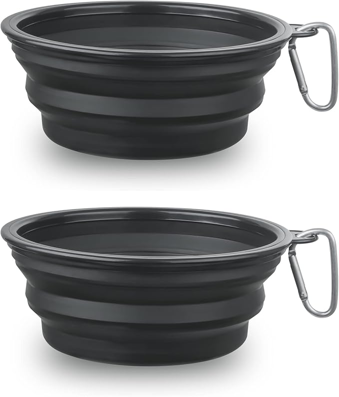 Large Dog Bowl Pet Collapsible Bowls, 2 Pack Collapsible Dog Water Bowls for Cats Dogs, Portable Pet Feeding Watering Dish for Walking Parking Traveling with 2 Carabiners (Large, Black+Black)