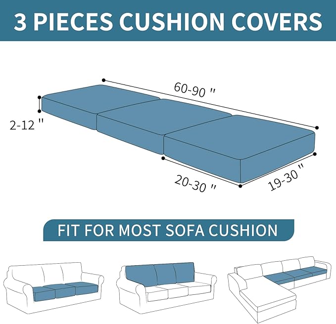 XINEAGE Couch Cushion Covers Seat Cushion Cover Thick Stretch Sofa Slipcovers 3 Piece Individual Couch Covers with Elastic Bottom(3 Seat Cushion/Backrest,Dark Gray)
