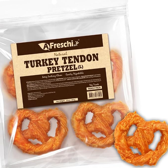 A Freschi srl Turkey Tendons for Dogs, USA-Sourced, Healthy Dog Treats, Rawhide-Free Puppy Chews, Long Lasting, All Natural, Hypoallergenic Dog Treats for Large Breeds, 10 oz Pack Pretzel (L)