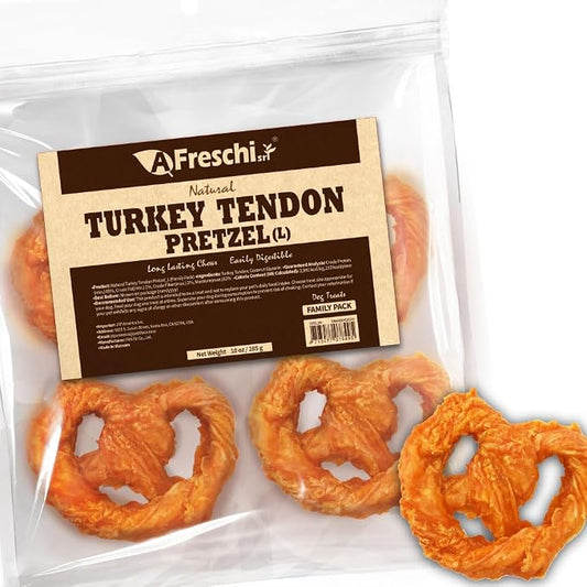 A Freschi srl Turkey Tendons for Dogs, USA-Sourced, Healthy Dog Treats, Rawhide-Free Puppy Chews, Long Lasting, All Natural, Hypoallergenic Dog Treats for Large Breeds, 10 oz Pack Pretzel (L)