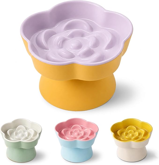 Ceramic Elevated Slow Feeder Cat Bowl, Raised and Gently Tilted Feeding Dish with Maze Design, Whisker-Friendly, Easy to Clean, for Indoor Cats and Small Dogs (Yellow/Purple)