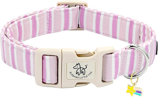 Elegant little tail Dog Collar, Cute Pink Strip Pattern Pet Collars Soft Girl or Boy Adjustable Cotton Puppy Collar with Quick Release Buckle for Large Dogs