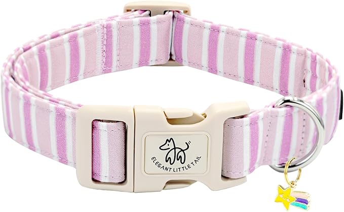 Elegant little tail Dog Collar, Cute Pink Strip Pattern Pet Collars Soft Girl or Boy Adjustable Cotton Puppy Collar with Quick Release Buckle for Medium Dogs