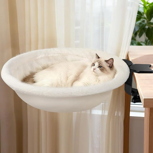 IPOW Heavy Duty Steel Frame 180° Rotating Cat Desk Bed Semi-Circular Cat Bed, Soft Faux Rabbit Fur Material, Suitable for Various Desktops-Maximum Hold Up to 40lb