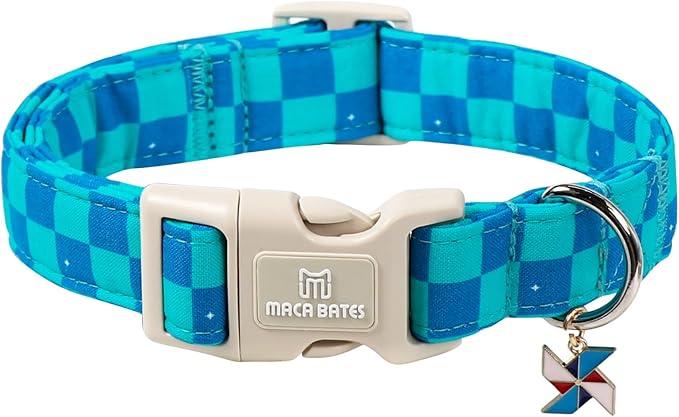 Maca Bates Checkered Basic Dog Collar with Windmill Charm Turquoise and Royal Blue Checkerboard Pattern for Medium Girl Boy Dogs,Adjustable Durable Soft Plaid Collars Gift for Male Female Puppy