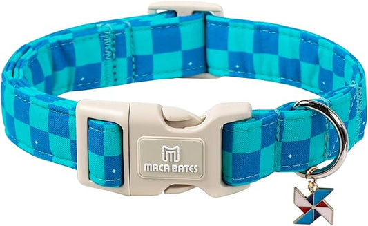 Maca Bates Checkered Basic Dog Collar with Windmill Charm Turquoise and Royal Blue Checkerboard Pattern for Medium Girl Boy Dogs,Adjustable Durable Soft Plaid Collars Gift for Male Female Puppy