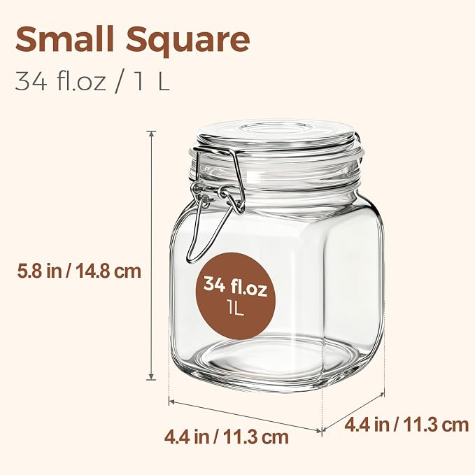 ComSaf 3-Pack Square Glass Coffee Canisters for 1lb Bean Bags, 34oz Airtight Jars with Clamp Lids for Tea, Sugar & Flour, Space-Saving Pantry Organization for Small Apartments & Coffee Station