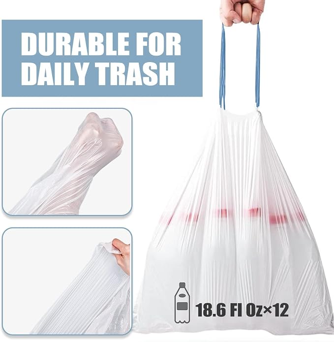 Small Trash Bags 4 Gallon - 150 Count Drawstring 4 Gallon Trash Bag, Tear-Free 4 Gal Small Garbage Bags for Office Bedroom Bathroom Trash Bags, Unscented White 4 Gal Trash Can Liners