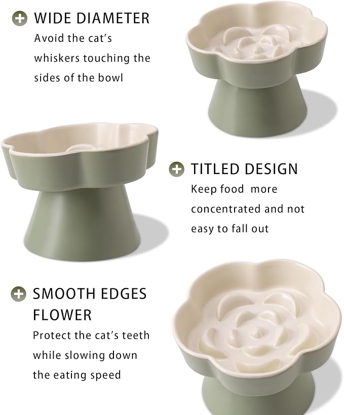 Tilted Cat Bowl, Flower-Shaped Ceramic Slow Feeder Cat Bowl, Raised Pet Bowl for Whisker Relief, Prevents Vomiting & Bloating, Non-Slip Base, Easy to Clean for Dry/Wet Food (Pink & Blue)
