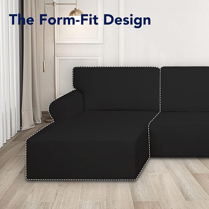 PureFit Super Stretch Sectional Couch Covers - 2 pcs Spandex Non Slip Sofa Covers with Elastic Bottom for L Shape Sectional Sofa Couch, Great for Kids & Pets (3 Seat Sofa + 2 Seat Chaise, Black)