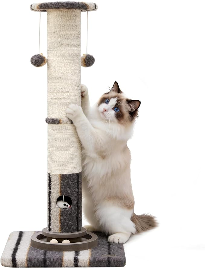 Woochpet 34inches Cat Scratching Post Sisal Cat Scratcher with Cat Ball Track Toy Heavy Duty and Thicker Large Diameter Natural for Adult Cats and Kitty Protect Your Furniture (Grey)