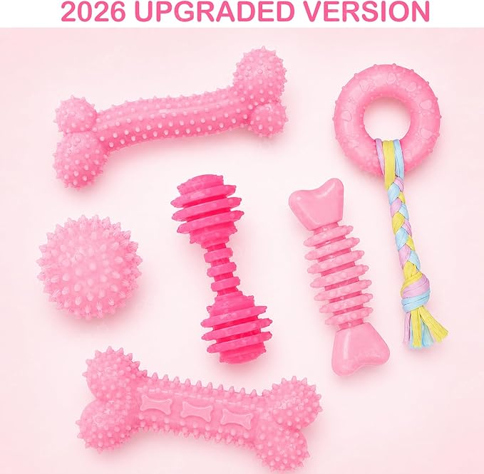 Puppy Toys, 6 Pack Dog Chew Toys for Puppy, Cute Pink Small Dog Toys, Puppy Teething Toys for Puppies, 2026 Upgraded Soft Durable Interactive Chew Toy for Small Dogs