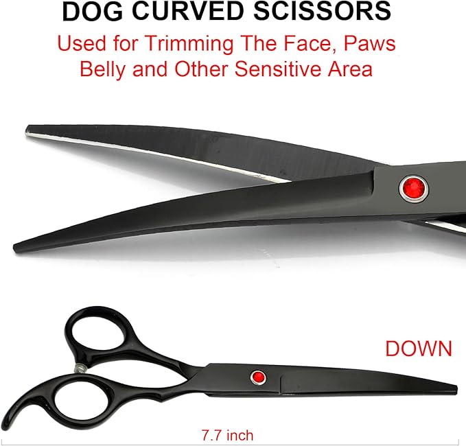 TINMARDA Dog Grooming Kit, Titanium Black Stainless Steel Dog Grooming Scissors with Curved Shears, Black Finger Rings - 5 Piece Sharp Durable Pet Shears for Dogs Cats At Home Salon-Quality Grooming